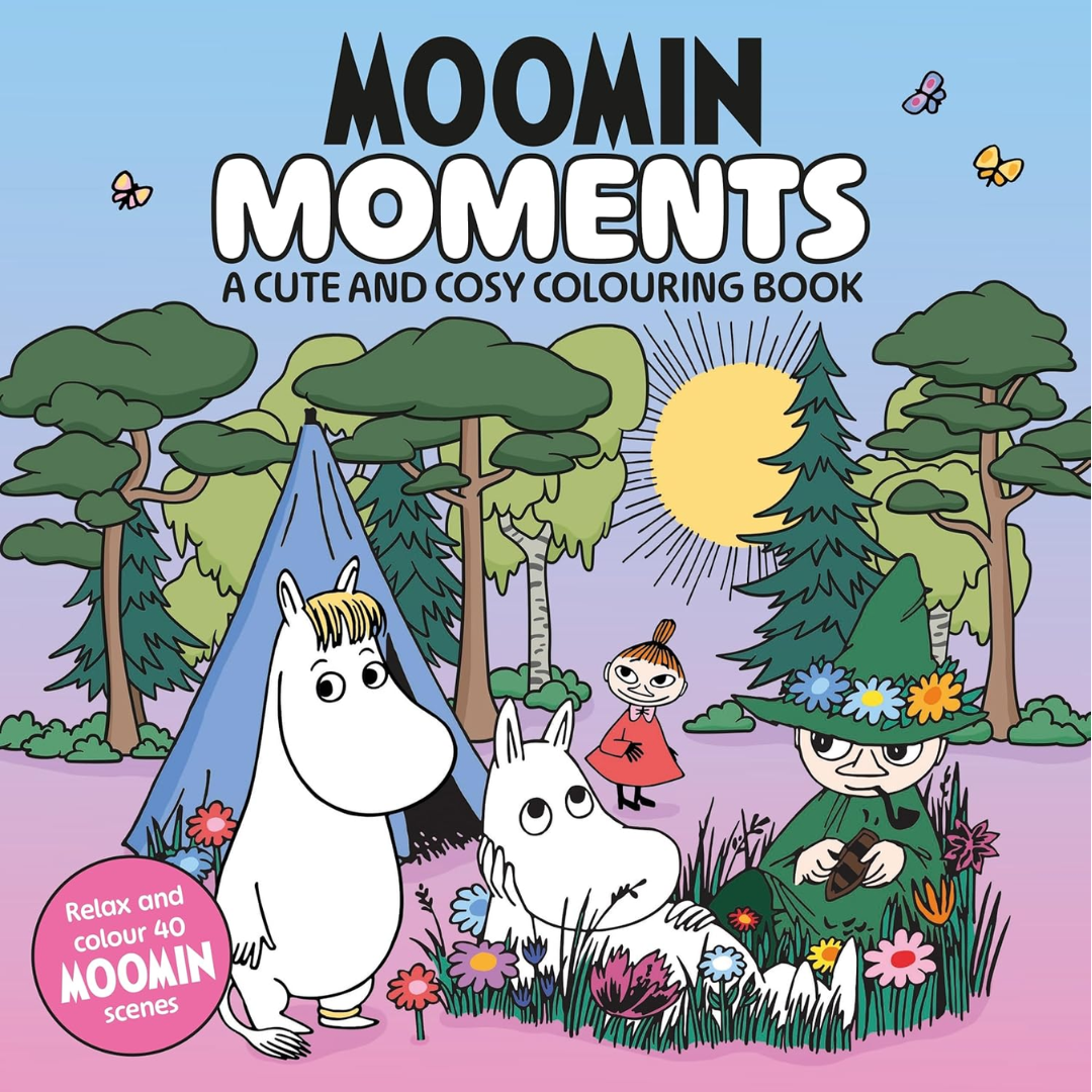 Cover of 'Moomin Moments' coloring book with Moomin characters in a forest setting.