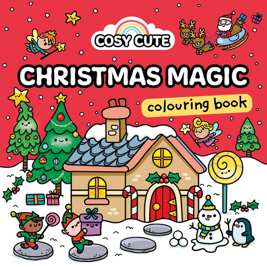 Cover of 'Cosy Cute Christmas Magic' coloring book with festive illustrations on a red background.