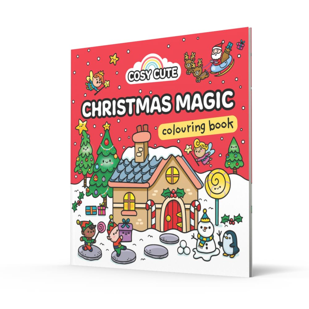 Coloring book titled 'Christmas Magic' with festive illustrations on a red background