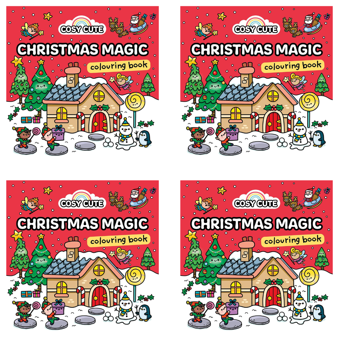 Four identical covers of a 'Cosy Cute Christmas Magic' coloring book with festive illustrations.