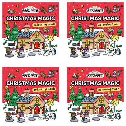 Four identical covers of a 'Cosy Cute Christmas Magic' coloring book with festive illustrations.