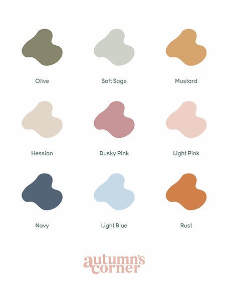 Color swatches with names and 'Autumn's Corner' branding on a white background