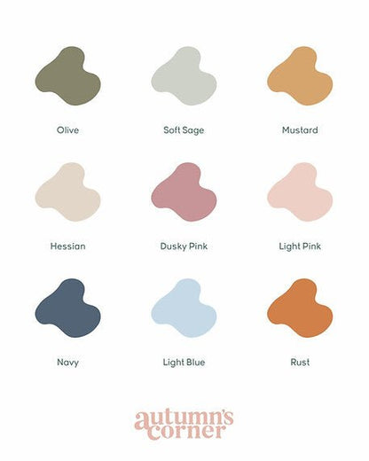 Color swatches with names and 'Autumn's Corner' branding on a white background
