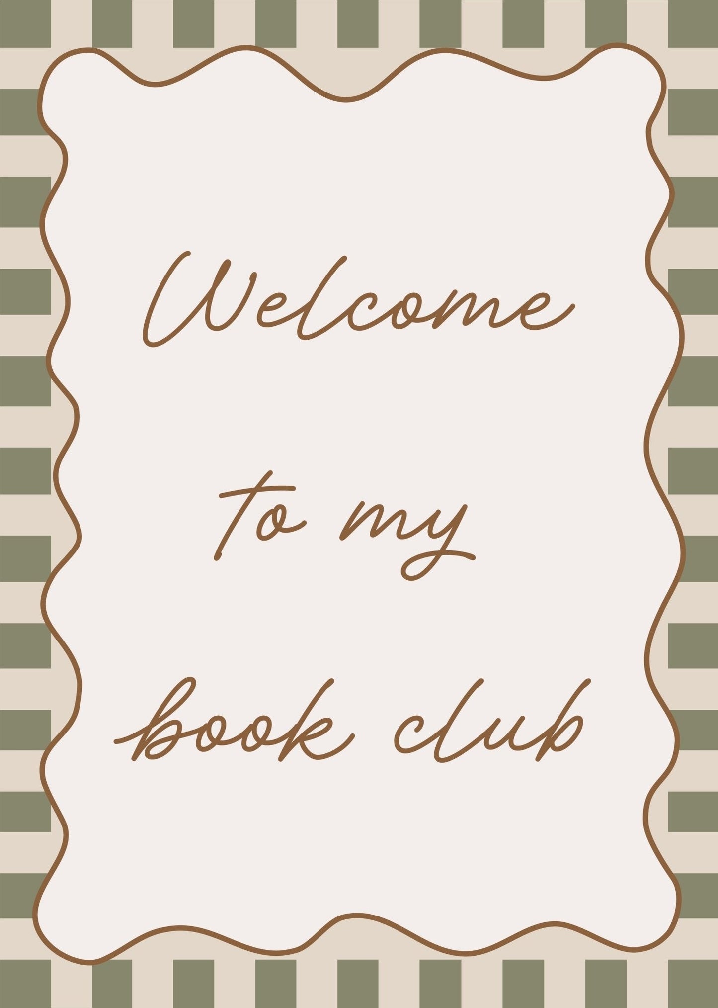 Decorative sign with 'Welcome to my book club' text on a striped background