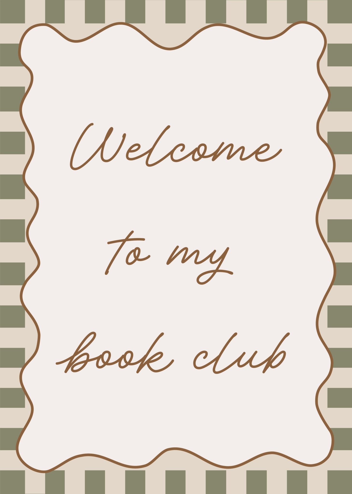 Decorative sign with 'Welcome to my book club' text on a striped background